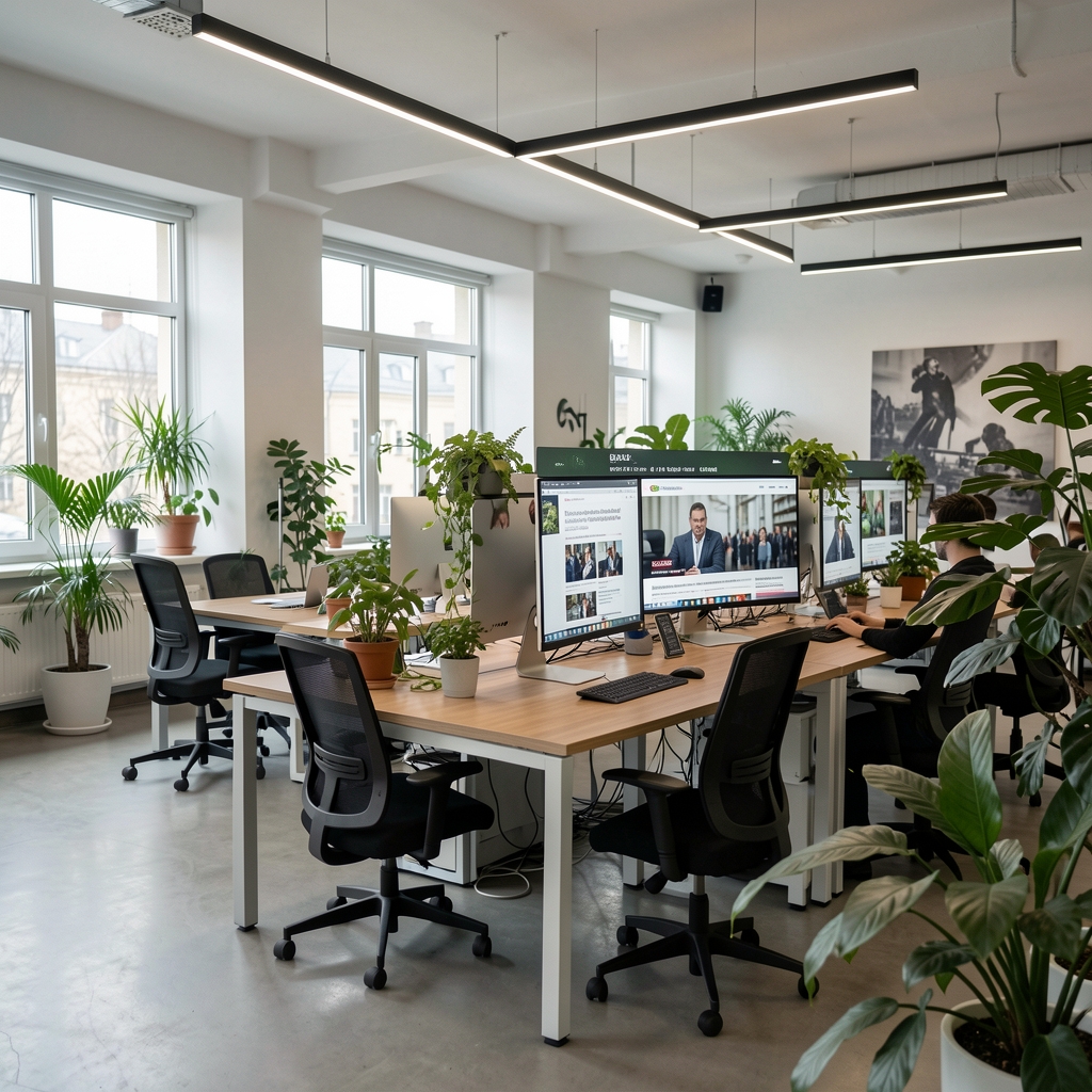 Sediul Pernon din Bulevardul Unirii, Iași — spațiu de lucru modern cu birouri deschise, plante verzi și ecrane cu conținut editorial jurnalistic