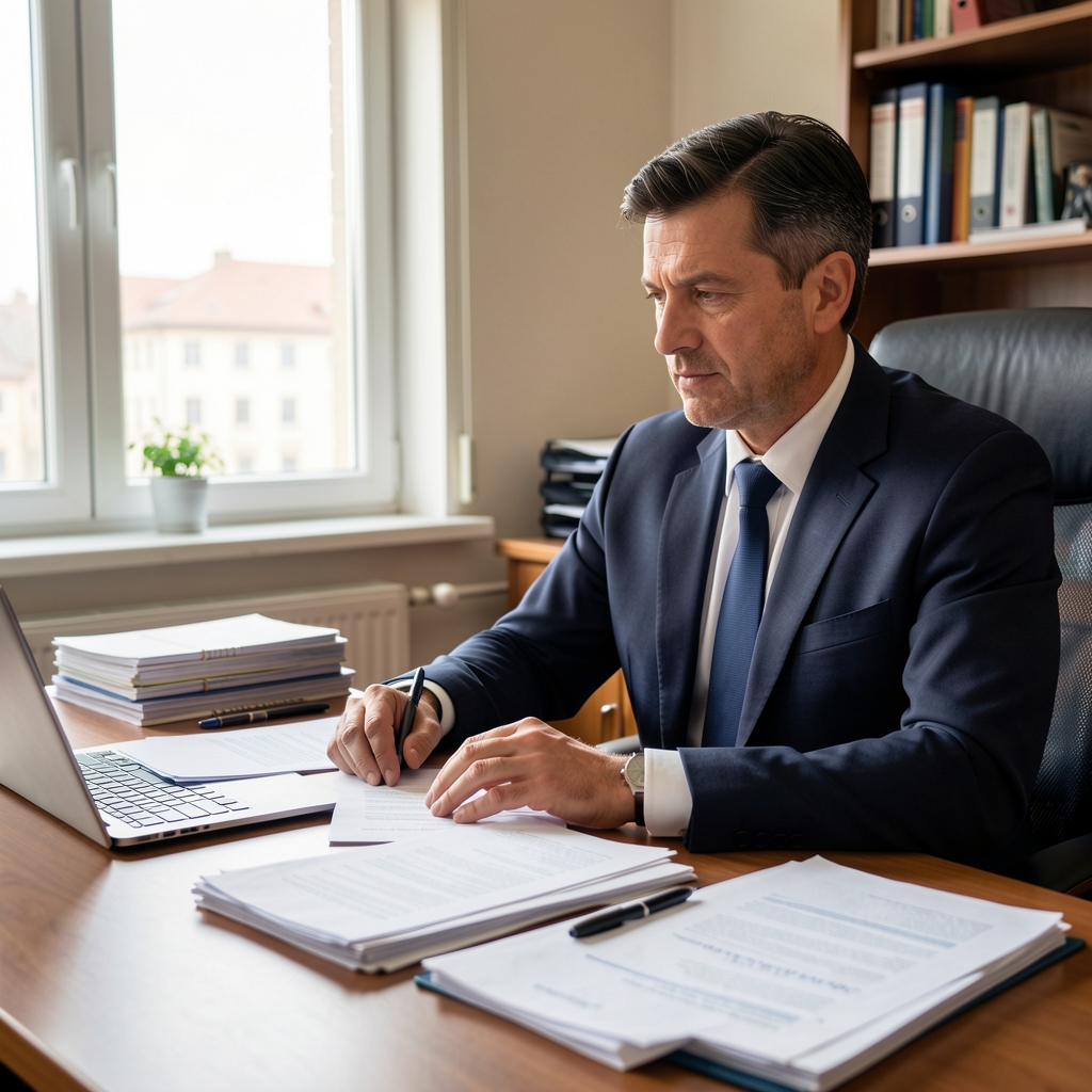 Jurnalist de investigație cu dosare și documente pe birou, notițe și evidențe pentru un reportaj important despre corupție sau subiecte de interes public