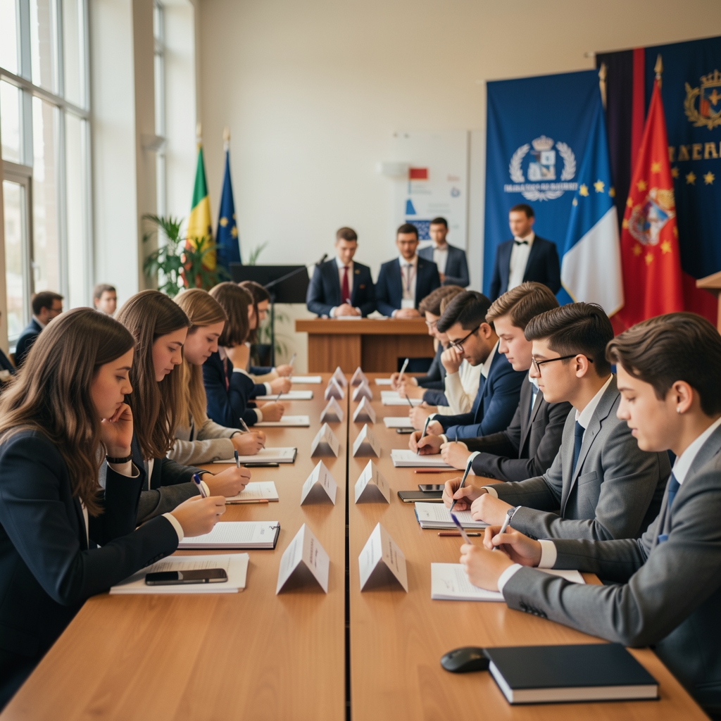 Studenți tineri la jurnalism cu burse internaționale, pregătindu-se pentru un program de schimb în Europa la o ceremonie de premiere universitară