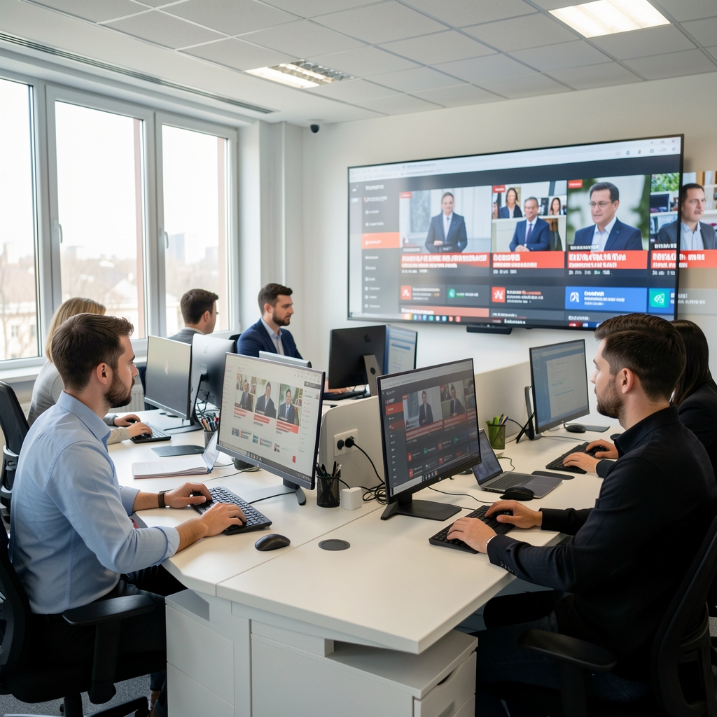 Redacție digitală modernă în România, cu jurnaliști la computere și ecrane mari afișând știri în timp real