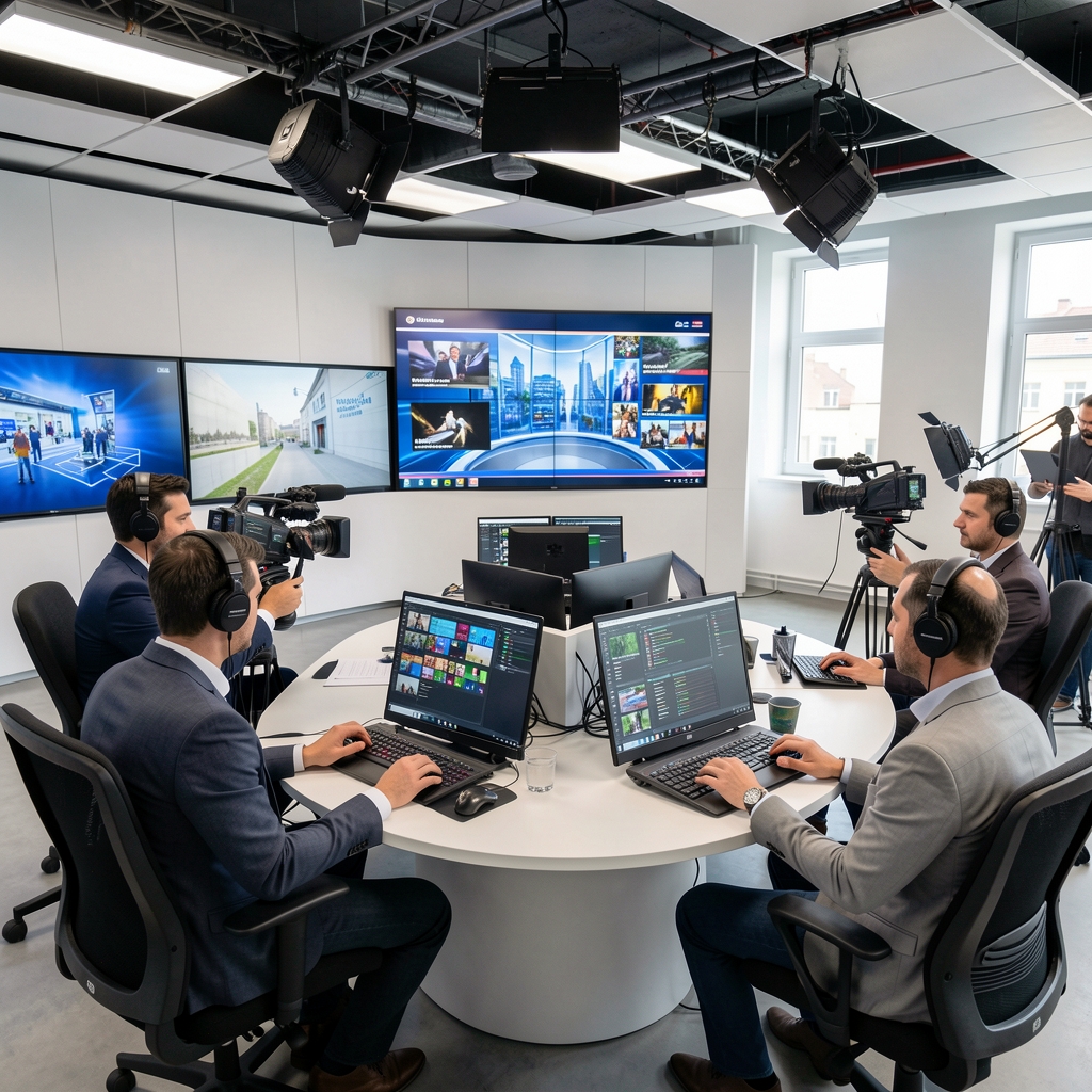 Redacție modernă de televiziune cu ecrane mari, echipamente broadcast profesionale și jurnaliști în activitate la Iași, România