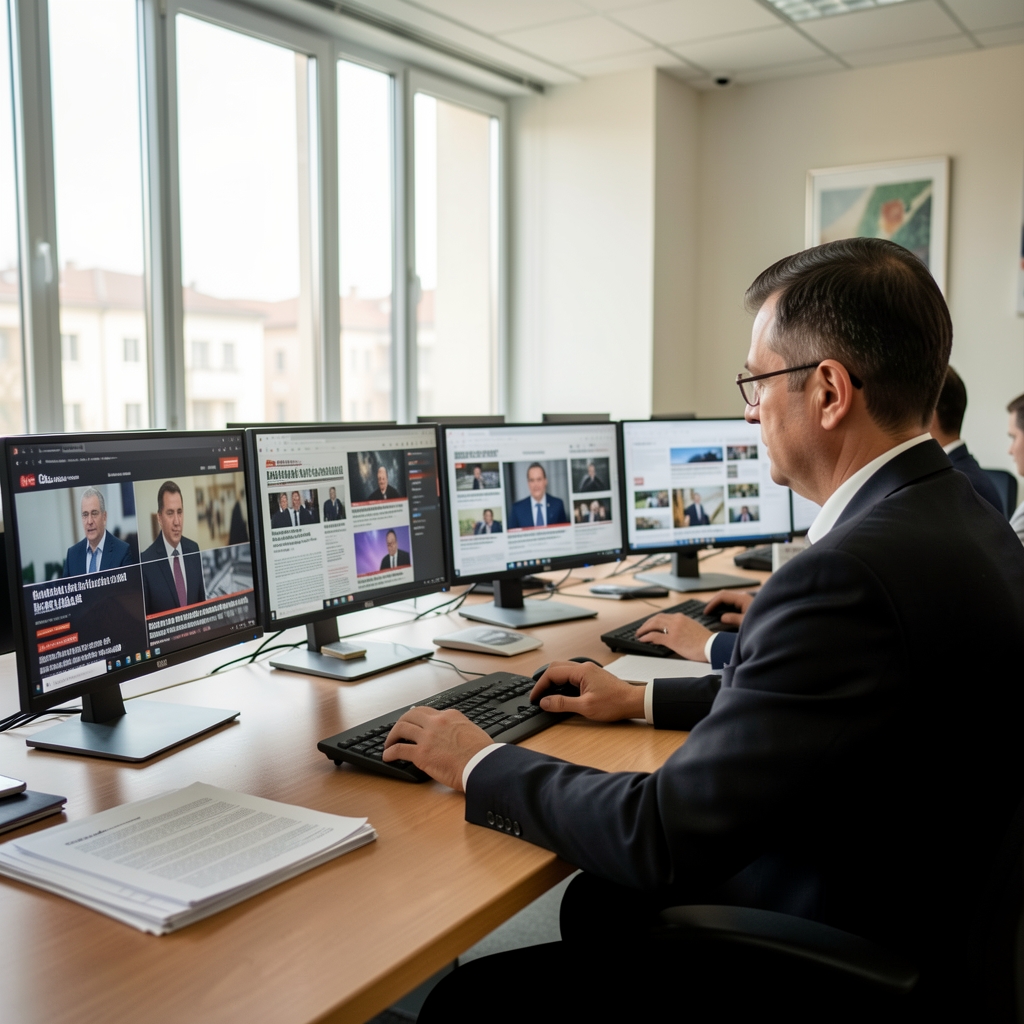 Jurnalist român lucrând la biroul de redacție cu mai multe ecrane afișând știri live și documente de presă