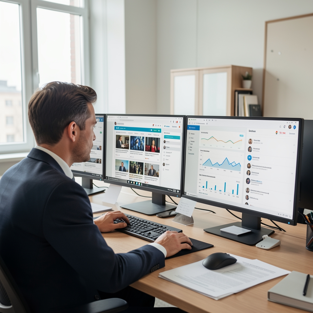 Curs online de jurnalism digital cu jurnalist la birou, cu mai multe monitoare afișând platforme de știri, dashboard-uri analytics și social media