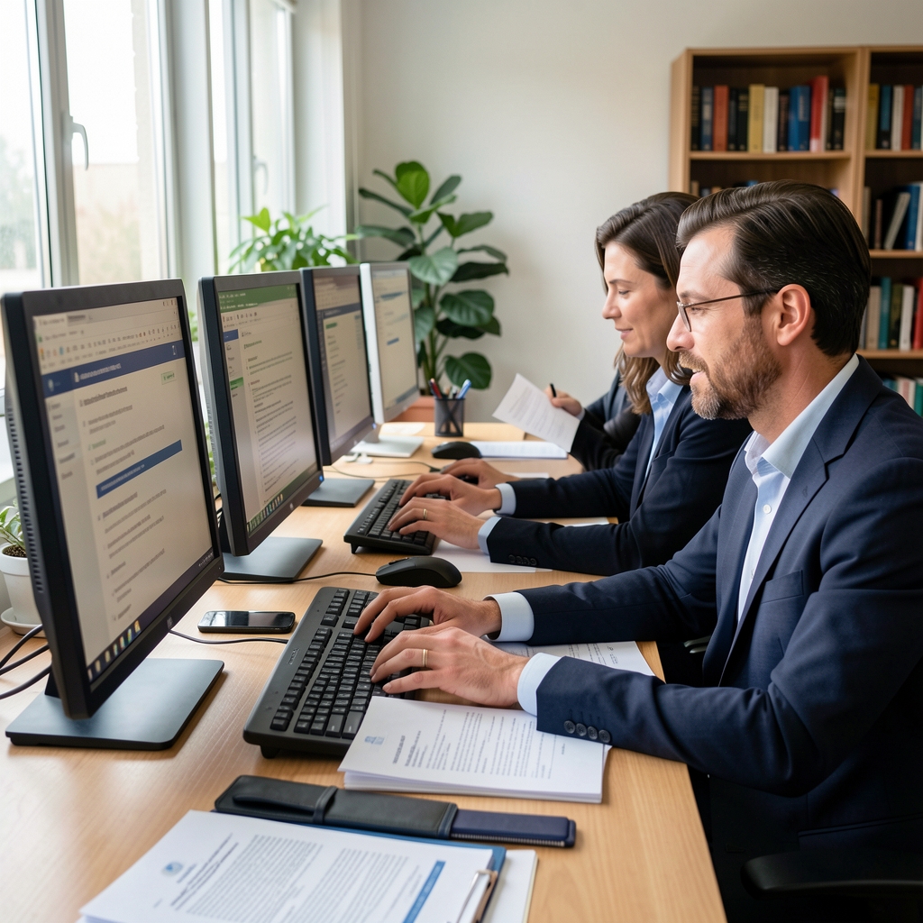 Atelier de fact-checking cu jurnaliști verificând surse pe calculator și consultând documente oficiale pentru combaterea dezinformării