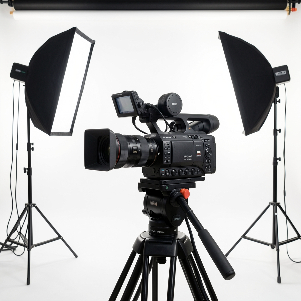 Studio de producție video pentru jurnalism cu cameră profesională, lumini și fundal alb, pregătit pentru filmarea unui reportaj sau interviu televizat