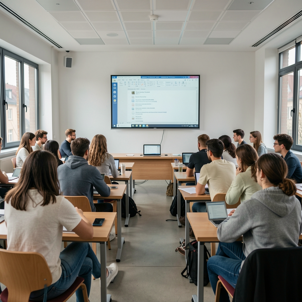 Studenți internaționali la o universitate europeană de jurnalism, în sala de curs modernă cu prezentare pe ecran