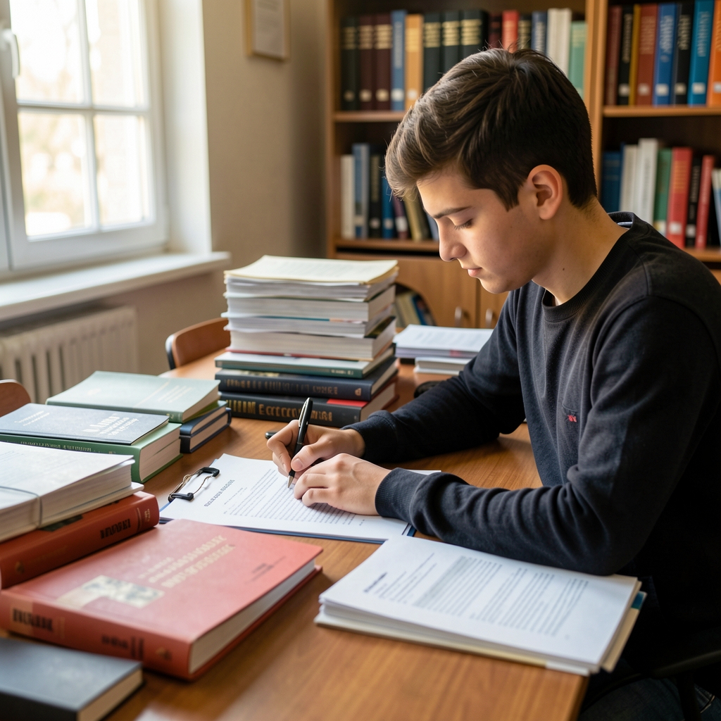 Candidat tânăr completând un dosar de admitere la facultate pe un birou cu cărți și documente universitare