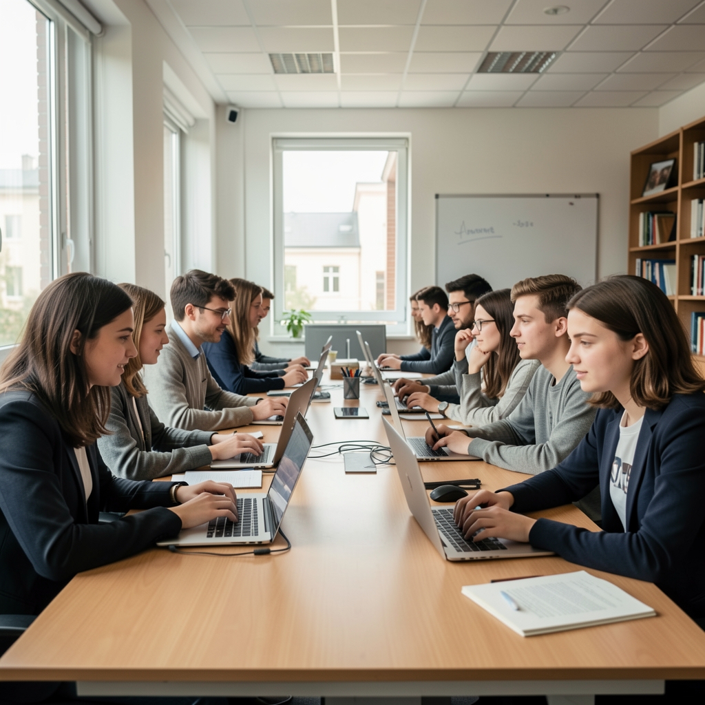 Studenți la jurnalism în sala de redacție a universității, lucrând la laptopuri și discutând subiecte de actualitate într-un mediu profesional modern