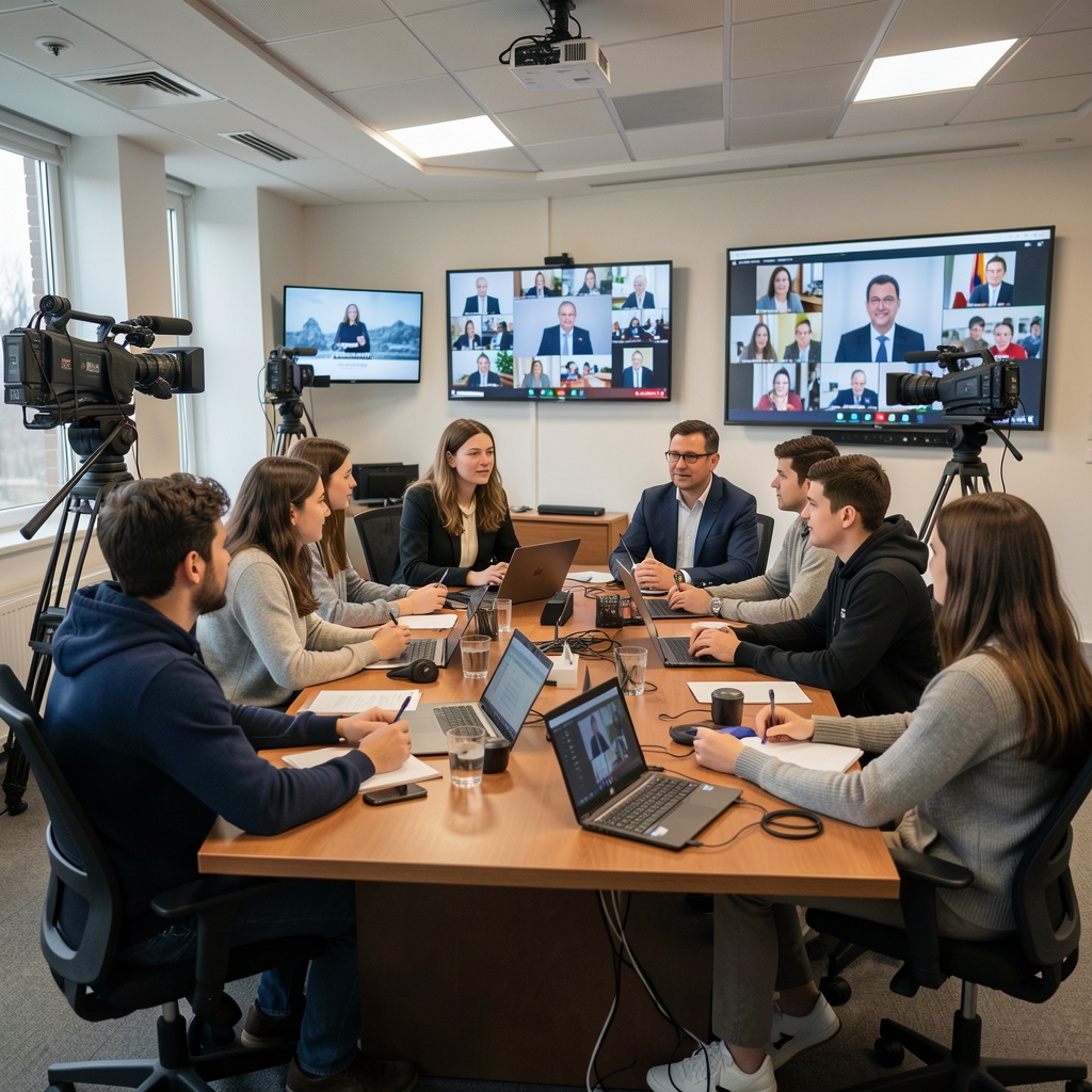 Seminar de master în jurnalism cu studenți avansați discutând cu un jurnalist invitat de la o televiziune națională, într-o sală echipată cu ecrane și echipamente de producție media
