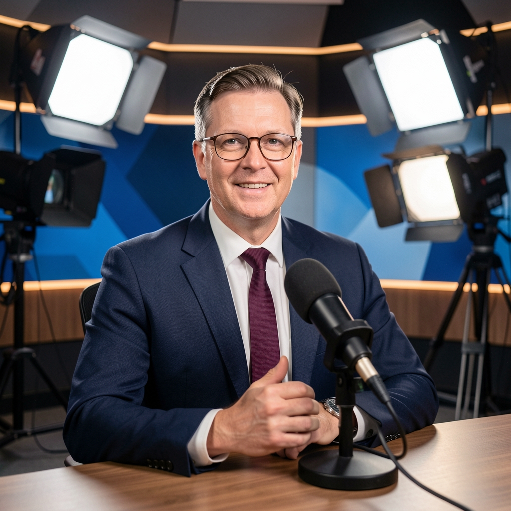 Jurnalist reporter TV în studioul de televiziune, cu microfon și lumini profesionale de studio în fundal, atmosferă profesionistă