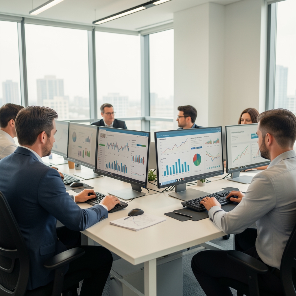 Birou modern de redacție cu jurnaliști la calculatoare, monitoare cu grafice și date statistice despre industria media, luminos și profesionist