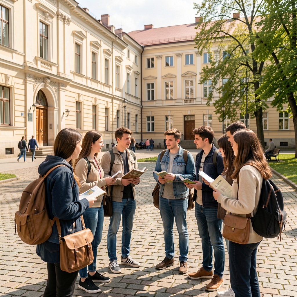 Studenți la facultatea de jurnalism discutând în curtea universității din Iași, cu ghiozdane și cărți, pe o zi însorită de primăvară