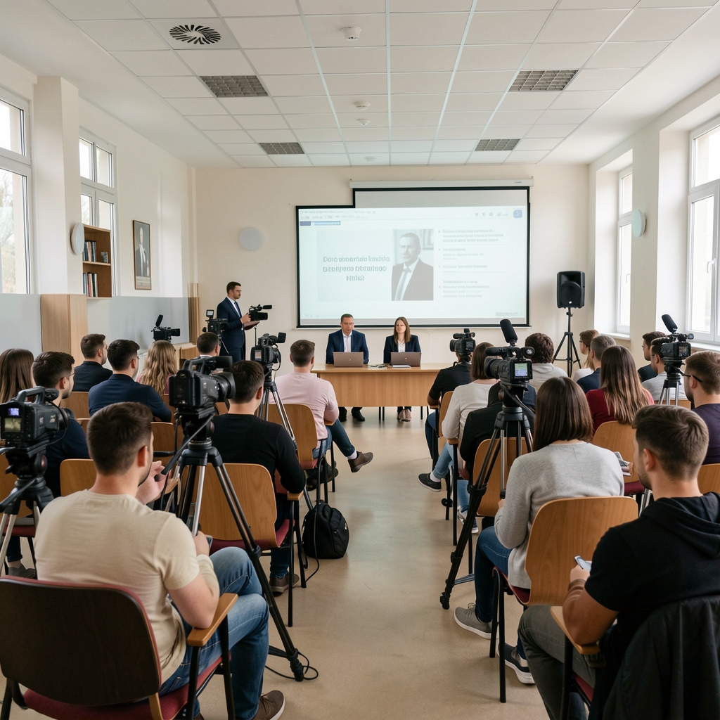 Sală de curs modernă a facultății de jurnalism din Iași, cu studenți ascultând o prelegere despre tehnici de reportaj și etică jurnalistică, cu echipamente video profesionale